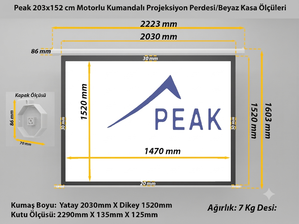 Peak M100 200×150 cm Motorlu Kumandalı Projeksiyon Perdesi-Beyaz Kasa teknik ölçü çizimi